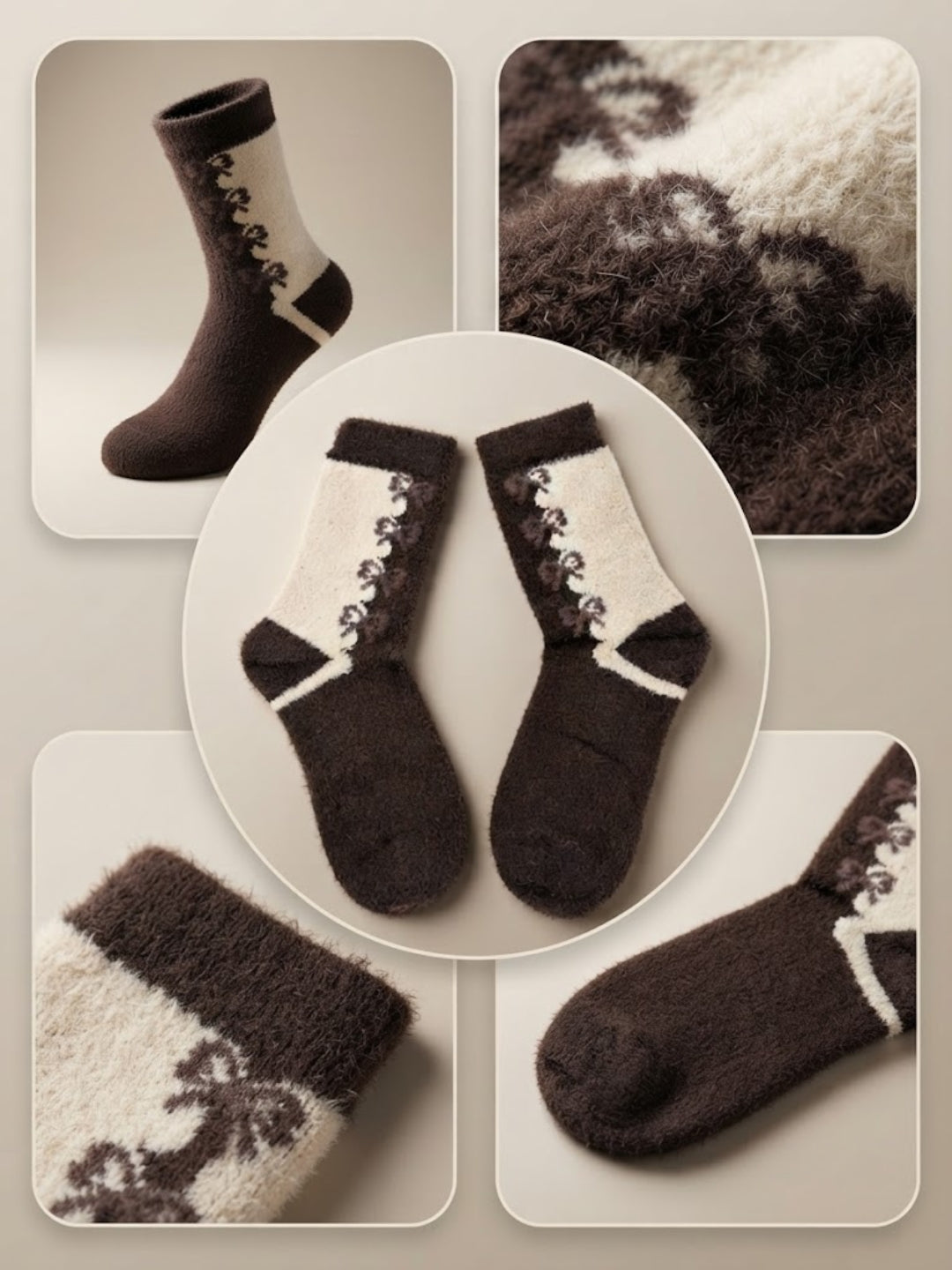 Cdeck Women’s Fuzzy Wool Socks | Soft & Warm Winter Socks | Cute Floral Pattern | Brown & Cream | Free Size