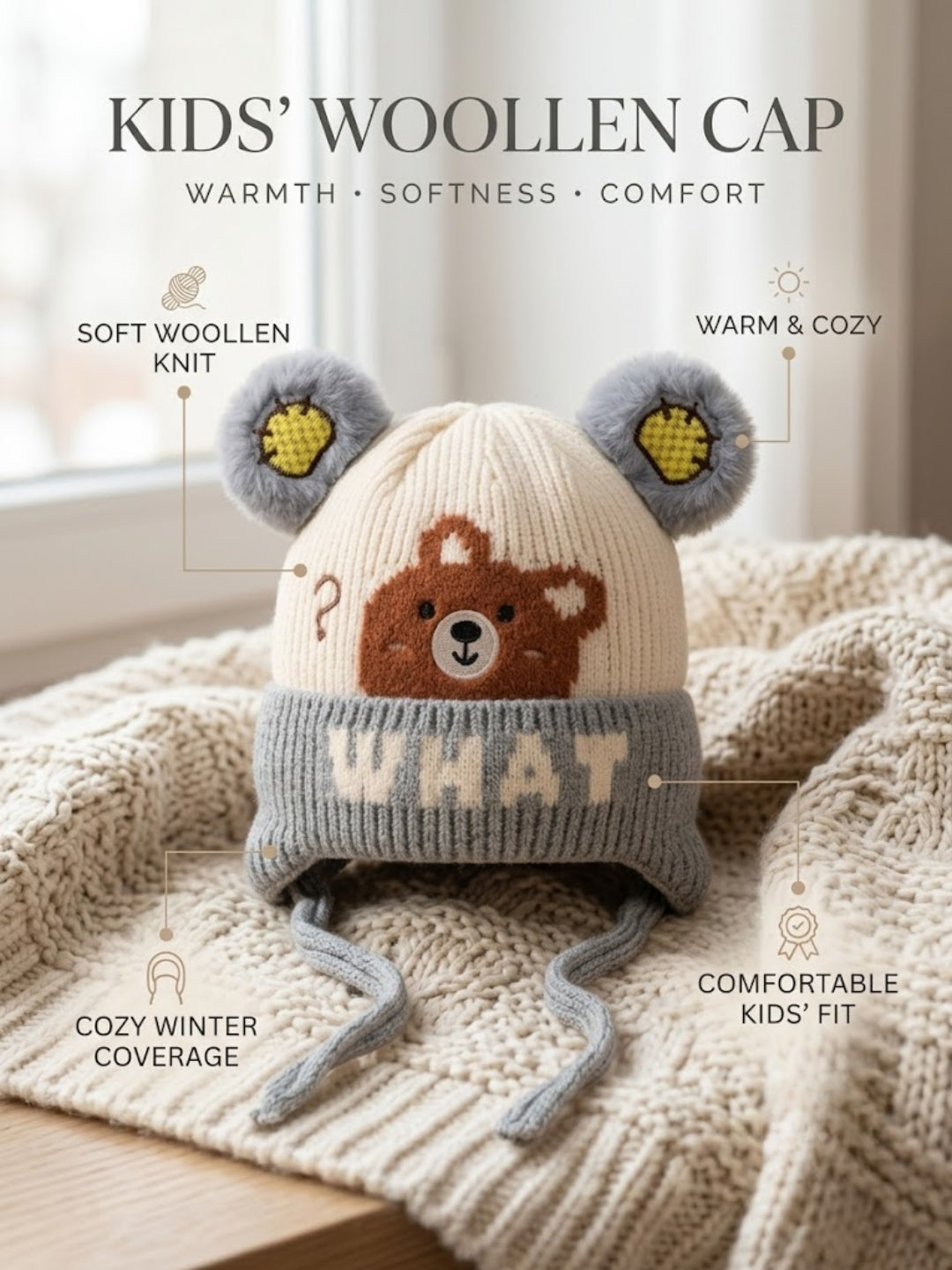 Cdeck Kids Woolen Winter Cap for Boys & Girls | Warm & Comfortable Winter Wear | 2–4 Years | Grey