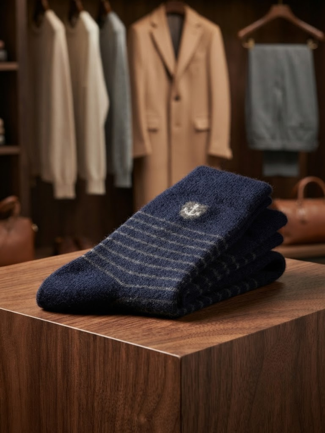 Cdeck Men’s Soft Wool Socks | Warm & Comfortable Navy Striped Socks