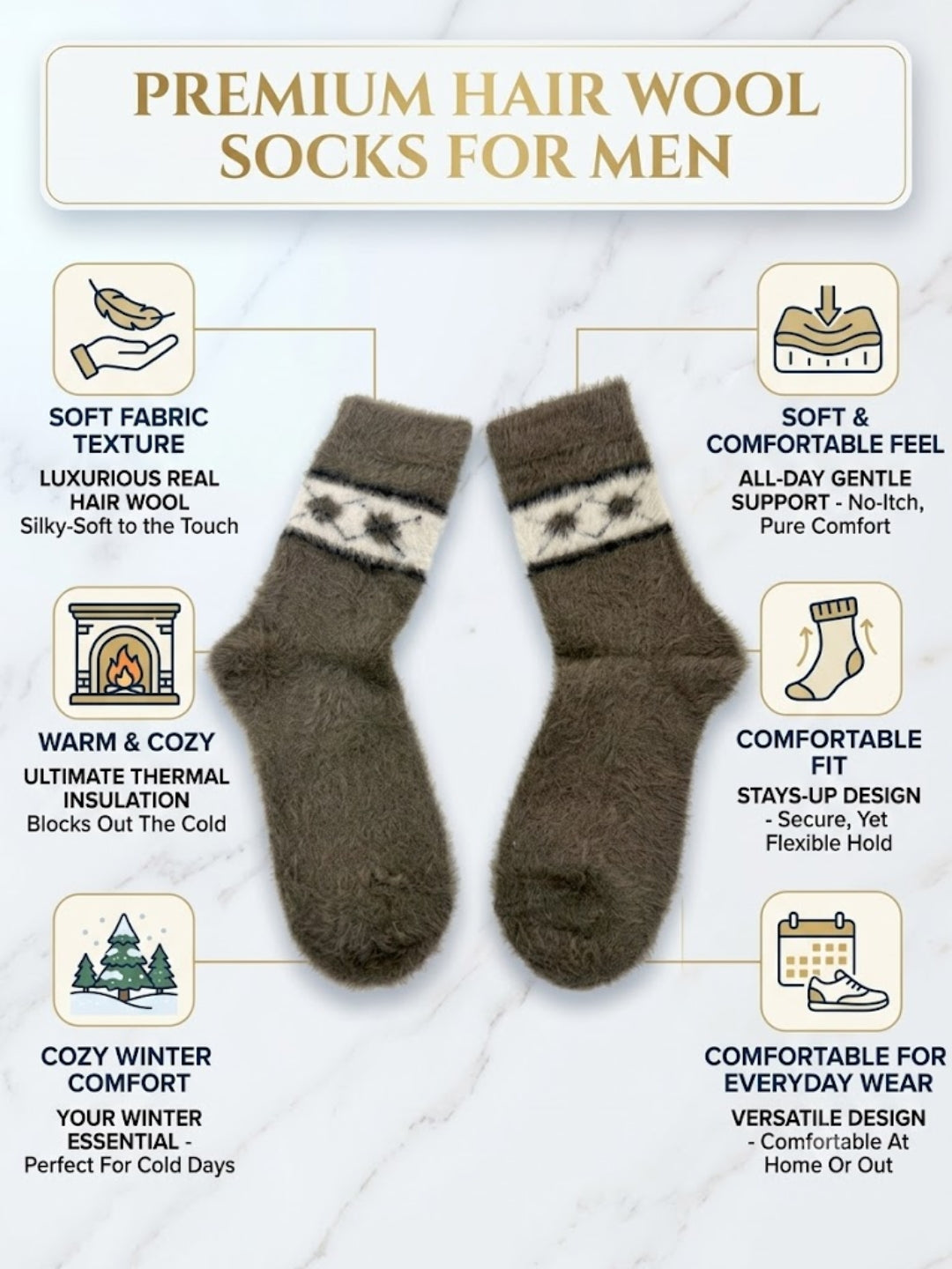 Cdeck Men’s Premium Hair Wool Winter Socks | Soft, Fuzzy, Warm & Comfortable Free Size | Brown
