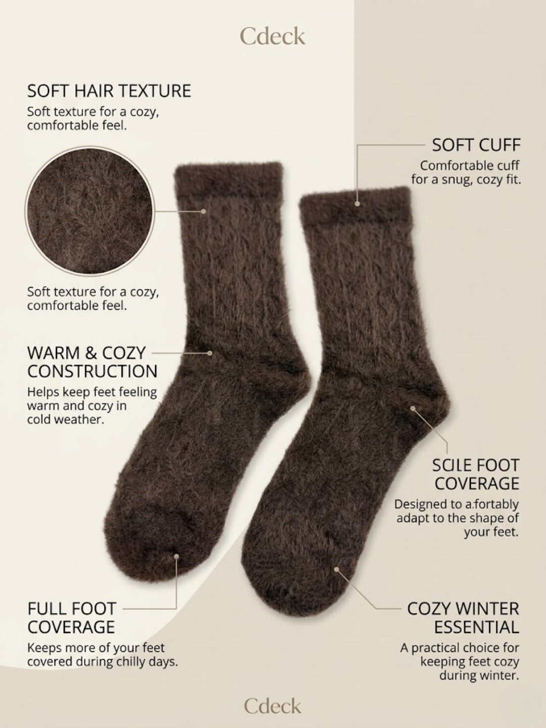 Cdeck Women’s Soft & Warm Woolen Fuzzy Socks | Cozy Thick Winter Socks for Women | Brown