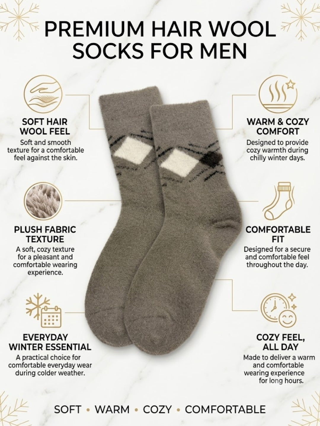 Cdeck Men’s Hair Wool Winter Socks | Soft, Warm & Comfortable | Brown Printed Design | Free Size
