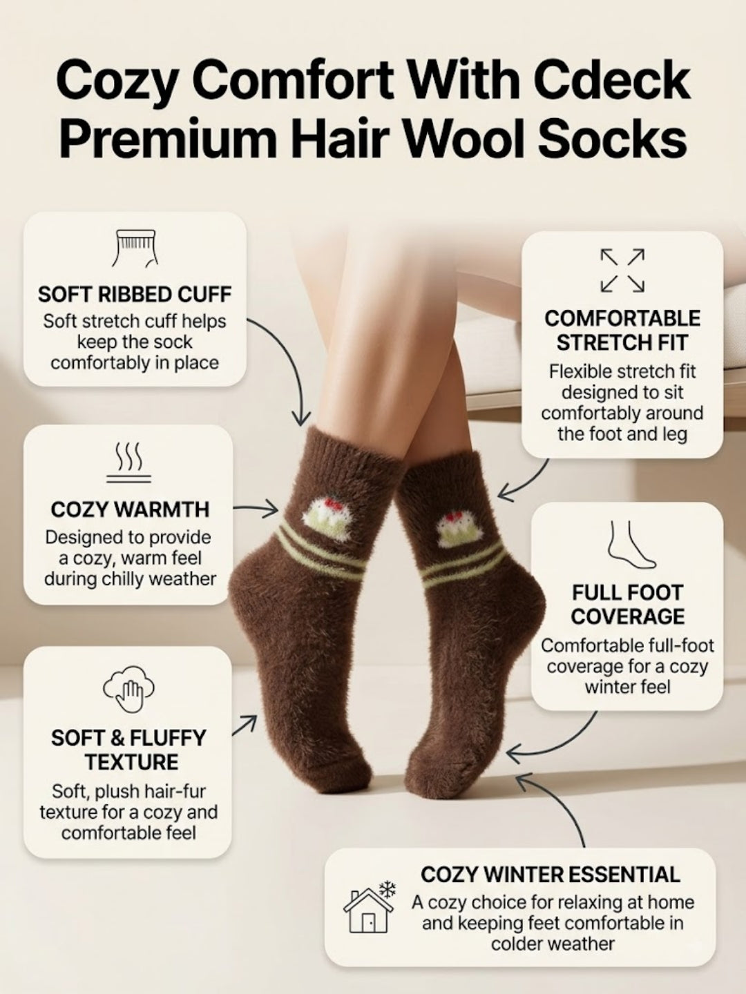 Cdeck Women’s Soft & Warm Woolen Fuzzy Socks | Cozy Thick Winter Socks for Women | Brown