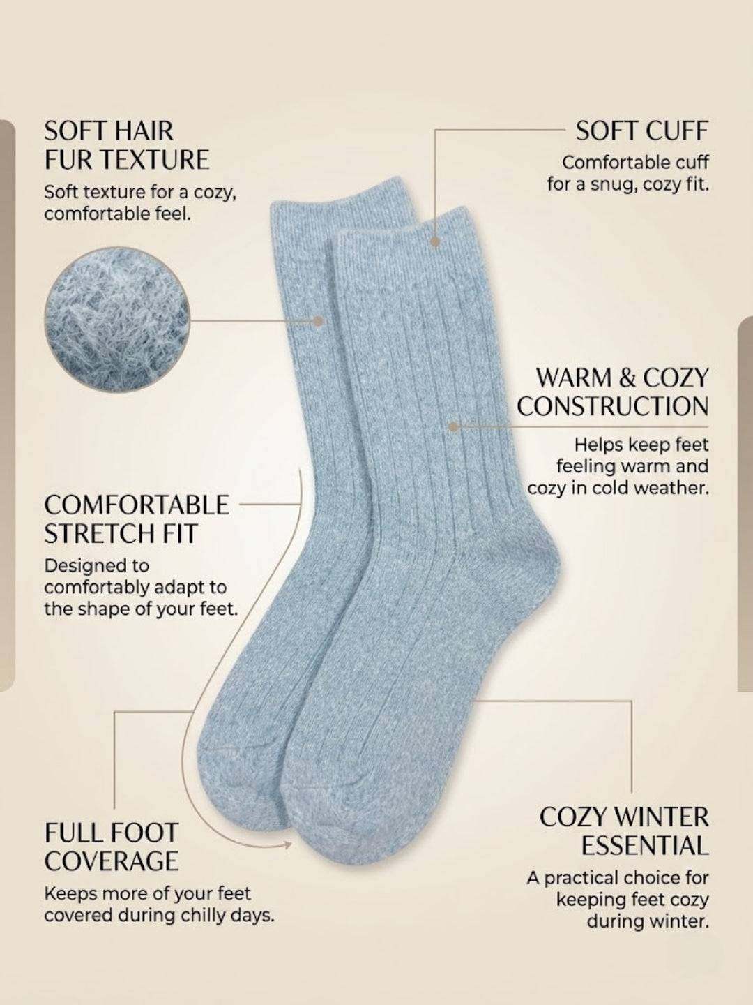 Cdeck Women’s Premium Fuzzy Socks – Soft Warm Winter Socks | Ribbed Design | Free Size | Light Blue