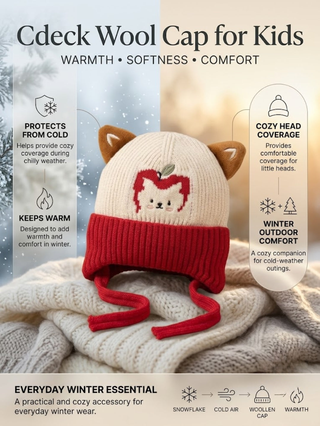 Cdeck Kids Woolen Winter Cap for Boys & Girls | Warm & Comfortable Winter Wear | 2–4 Years | Red