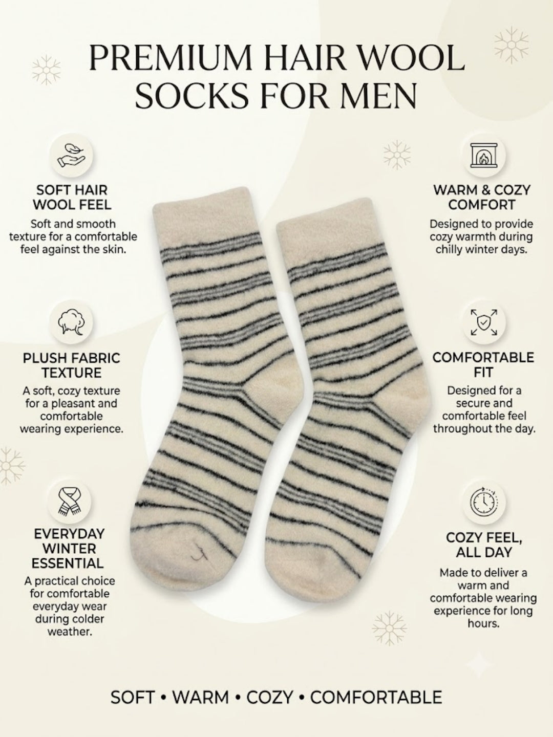 Cdeck Men’s Hair Wool Winter Socks | Single Pair | Soft, Warm, Fuzzy & Stretchable | Cream Striped