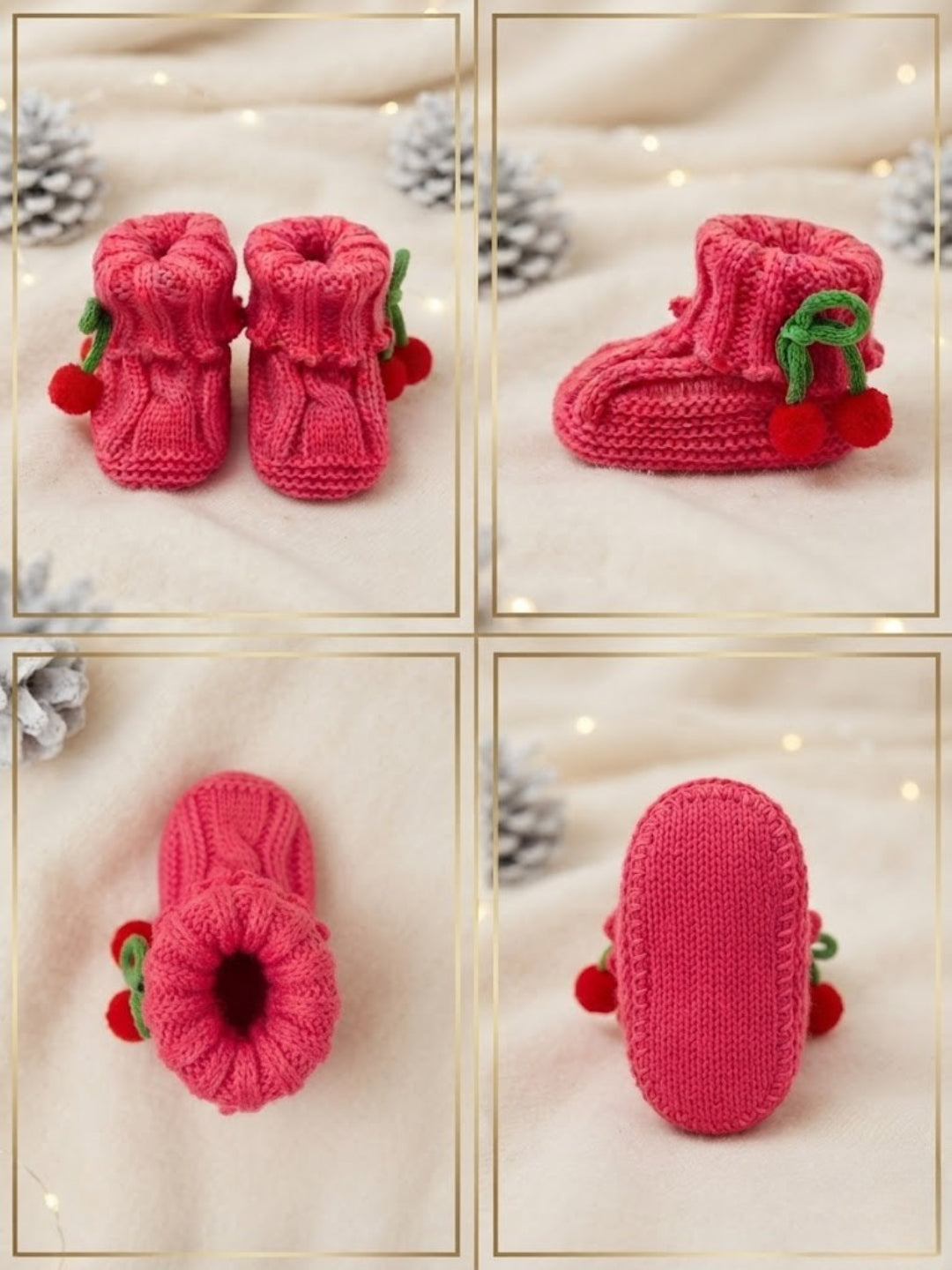 Baby Wool Booties with Cherry Pom-Pom Design | Soft Knitted Baby Shoes | Cute Pink Booties for Babies 0–9 Months