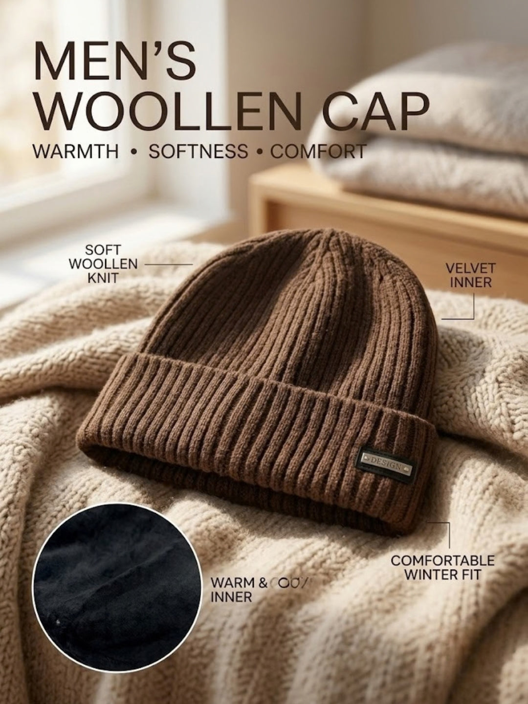 Cdeck Men’s Woolen Winter Cap | Soft, Warm & Comfortable Cap for Everyday Wear | Free Size | Brown