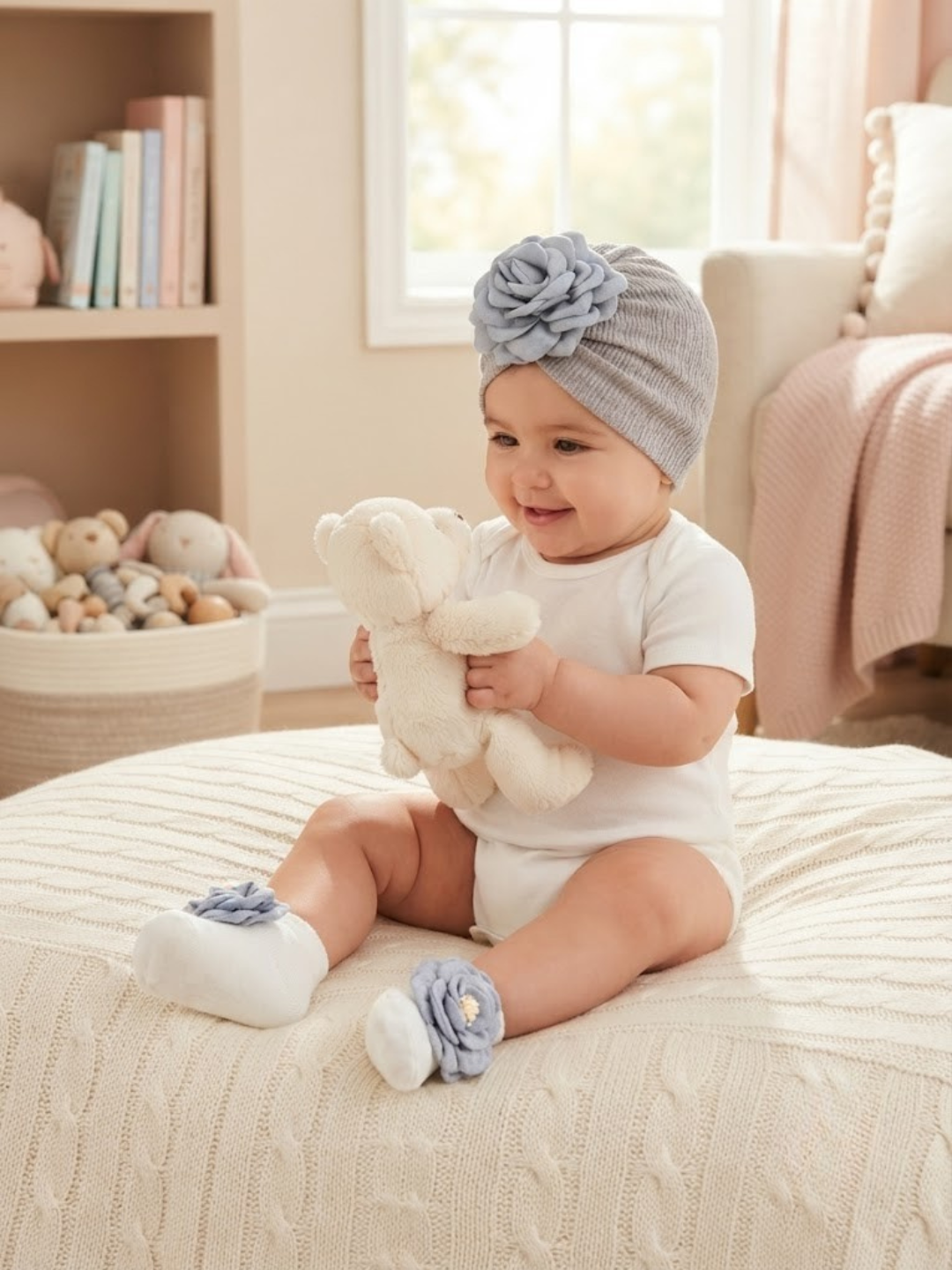 Cdeck Pure Cotton Socks and Cap Set for Baby | Soft Floral Design | Comfortable & Skin-Friendly