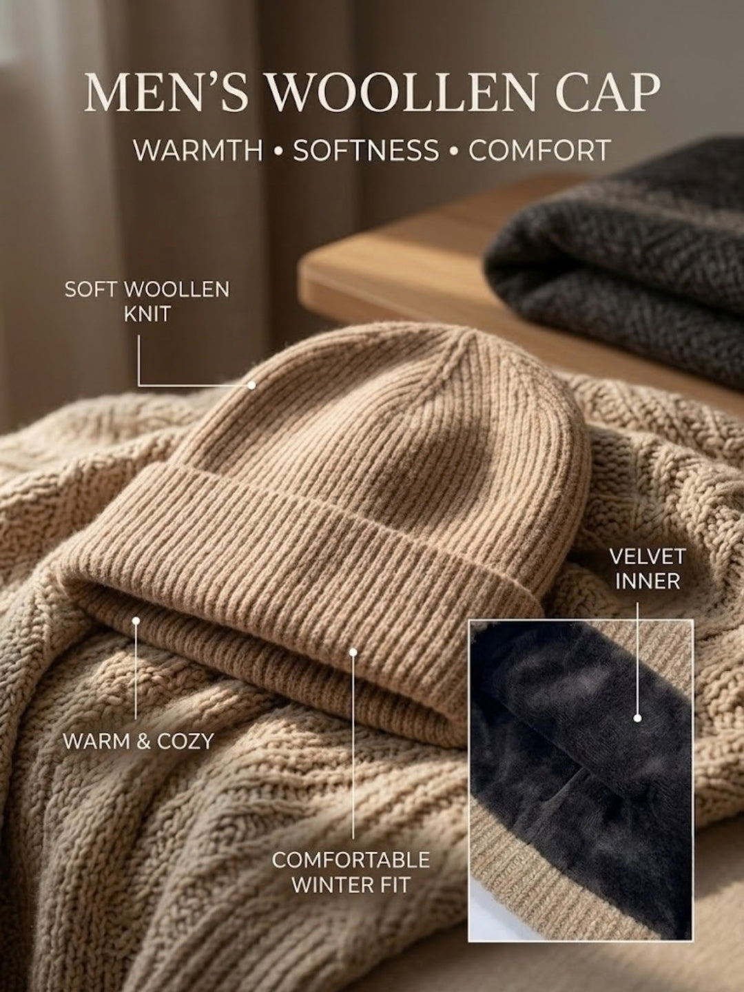 Cdeck Men’s Woolen Winter Cap | Soft, Warm & Comfortable Cap for Everyday Wear | Free Size | Brown