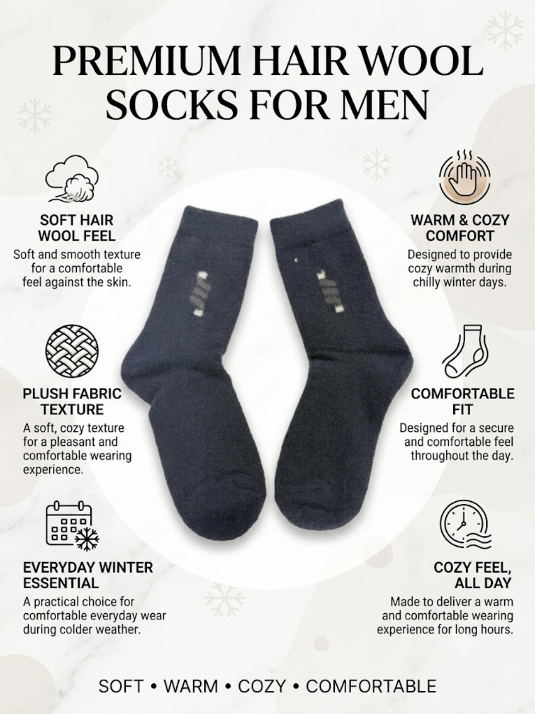 Cdeck Men’s Premium Hair Wool Winter Socks | Soft, Fuzzy, Warm & Comfortable | Black | Free Size