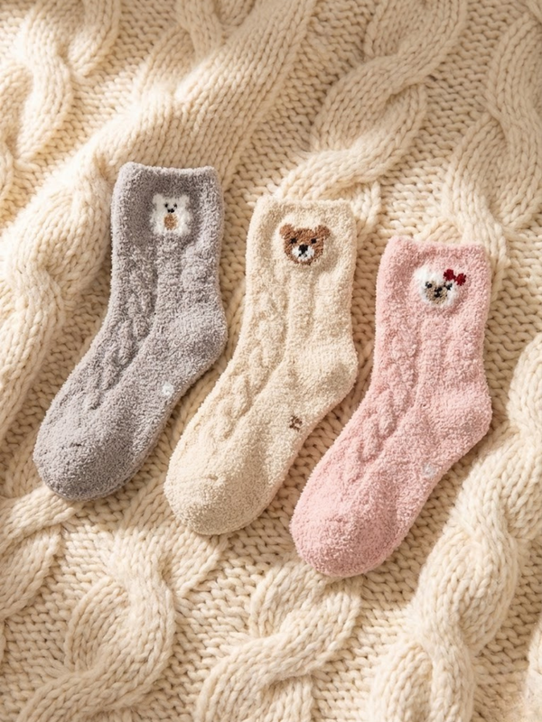 Cdeck Kids Fuzzy Socks | Soft Warm Winter Socks with Cute Bear Design | Cozy Plush Socks for Boys & Girls | Pack of 3
