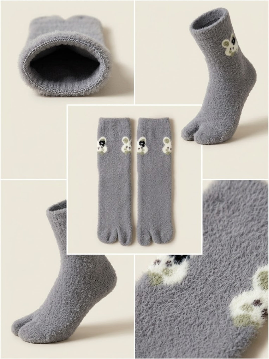 Cdeck Women’s Premium Soft Fuzzy Bear Design Warm Winter Split-Toe Socks | Free Size | Grey