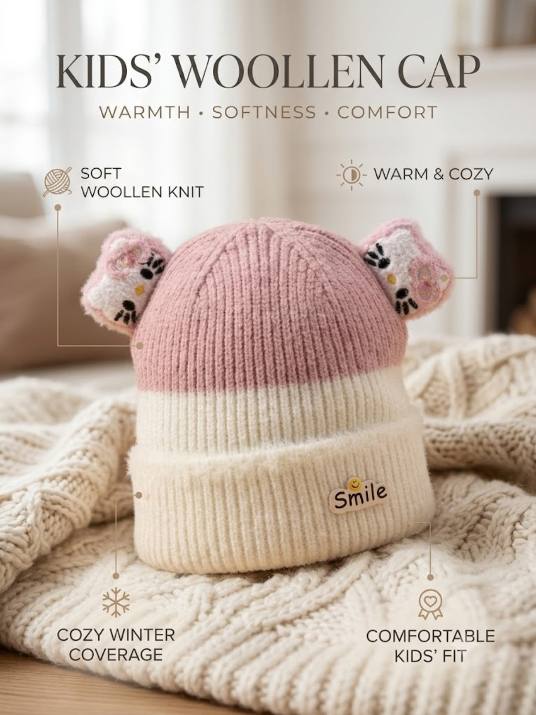 Cdeck Kids Woolen Winter Cap for Boys & Girls | Warm & Comfortable Winter Wear | 2–4 Years | Pink