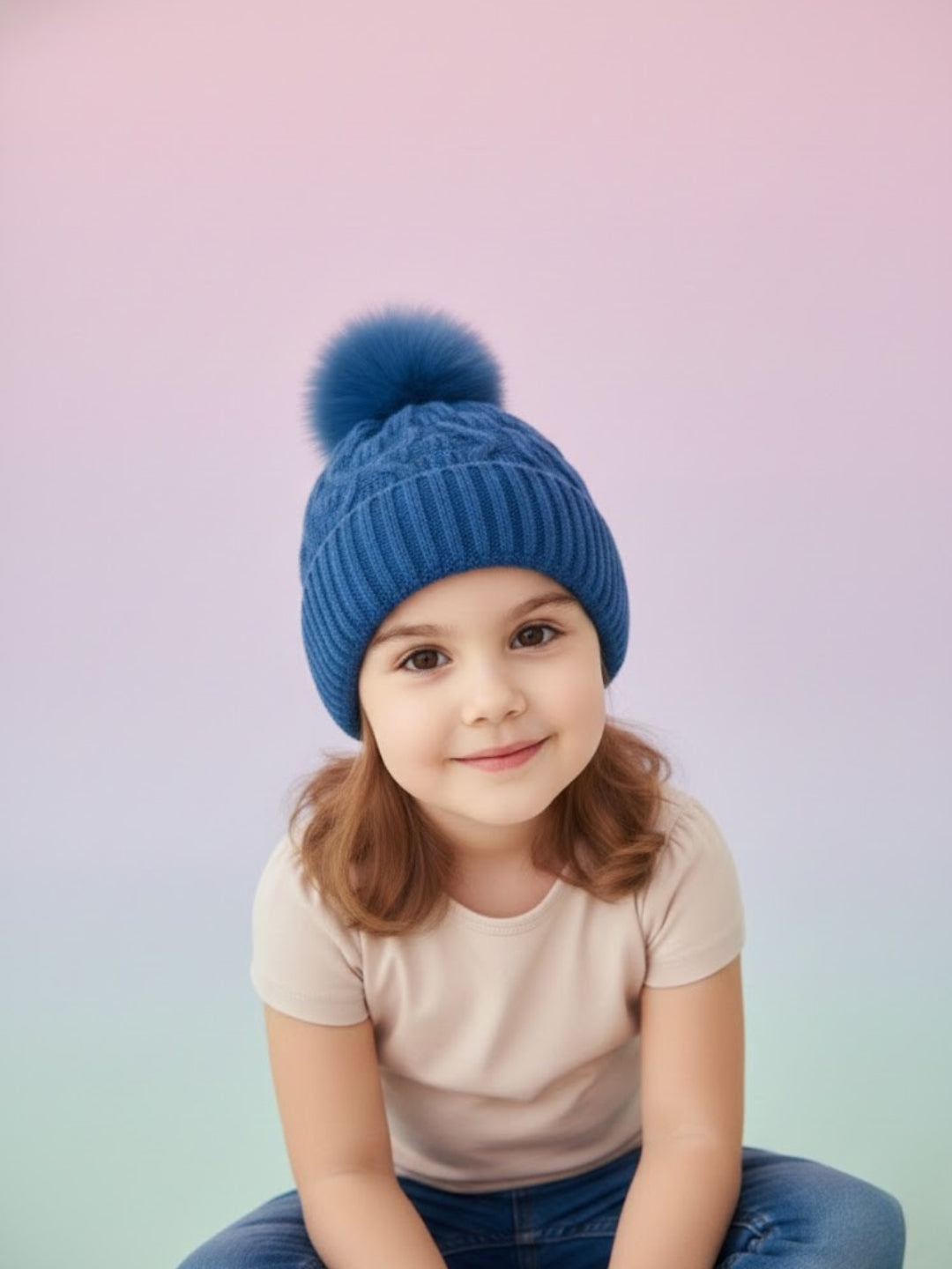 Cdeck Unisex Cable Knit Woolen Winter Beanie Cap with Pom Pom | Soft & Warm | 2–4 Years