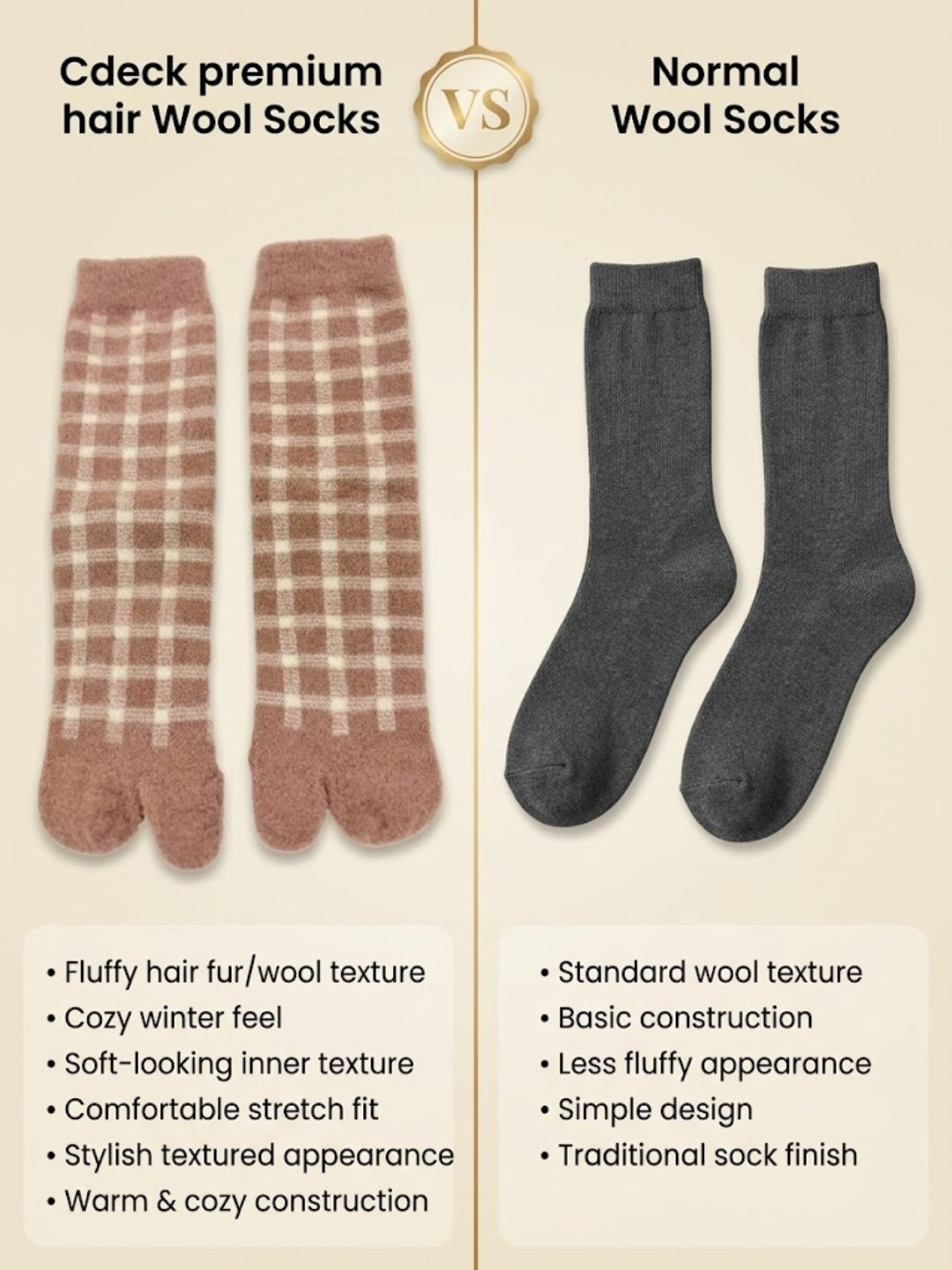 Cdeck Women’s Premium Rabbit Hair Wool Split-Toe Warm Winter Socks –| Free size |Brown & Cream