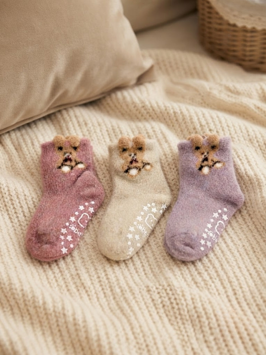 Cdeck Kids Winter Woolen Socks | Soft Fuzzy Rabbit Hair Wool Socks with Anti-Skid Sole | 0–4 Years | Pack of 3 | Multicolor