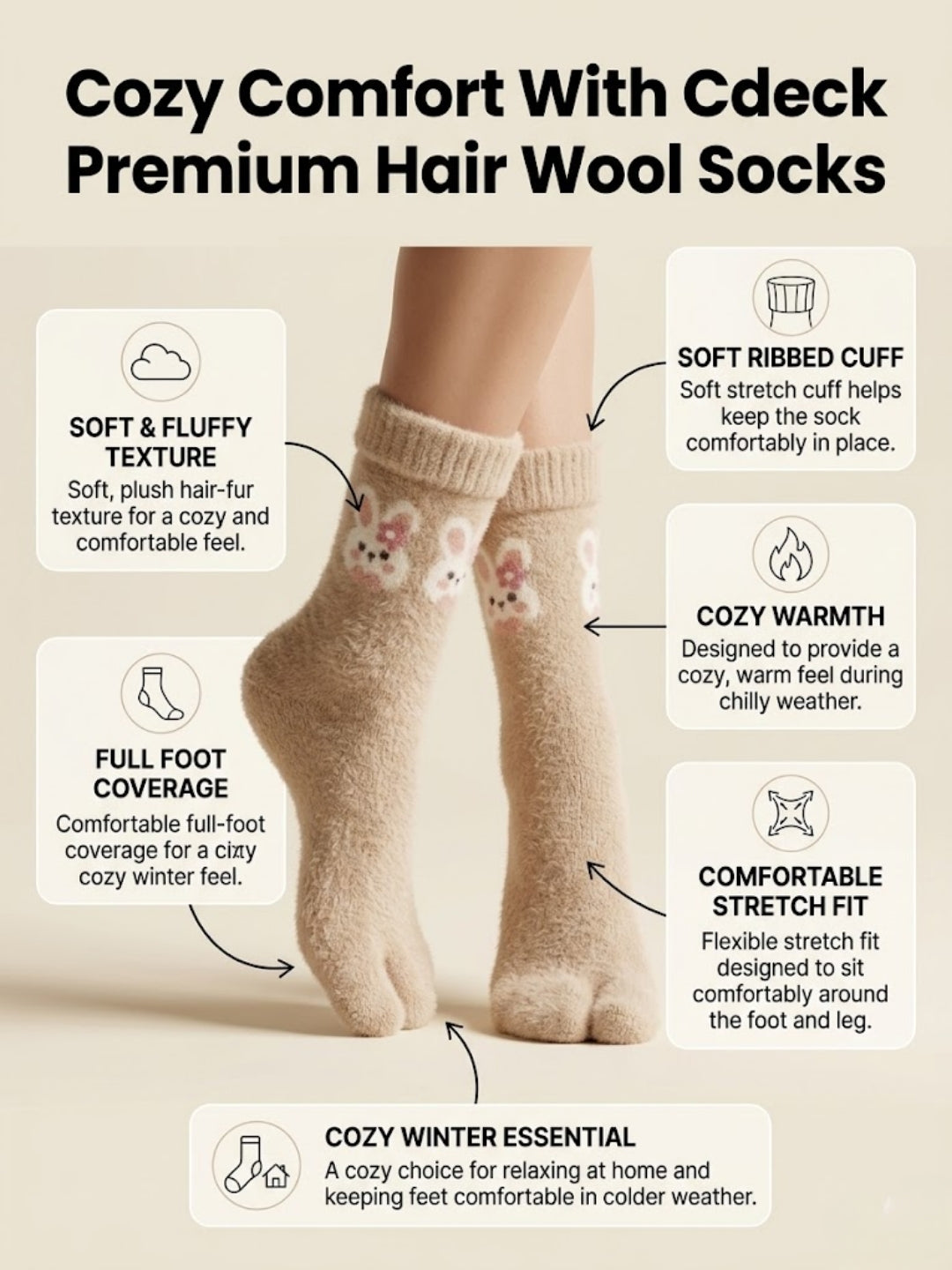 Cdeck Women’s Premium Fuzzy Split-Toe Socks – Cute Bunny Design, Warm Winter Socks |  Free Size |  Beige