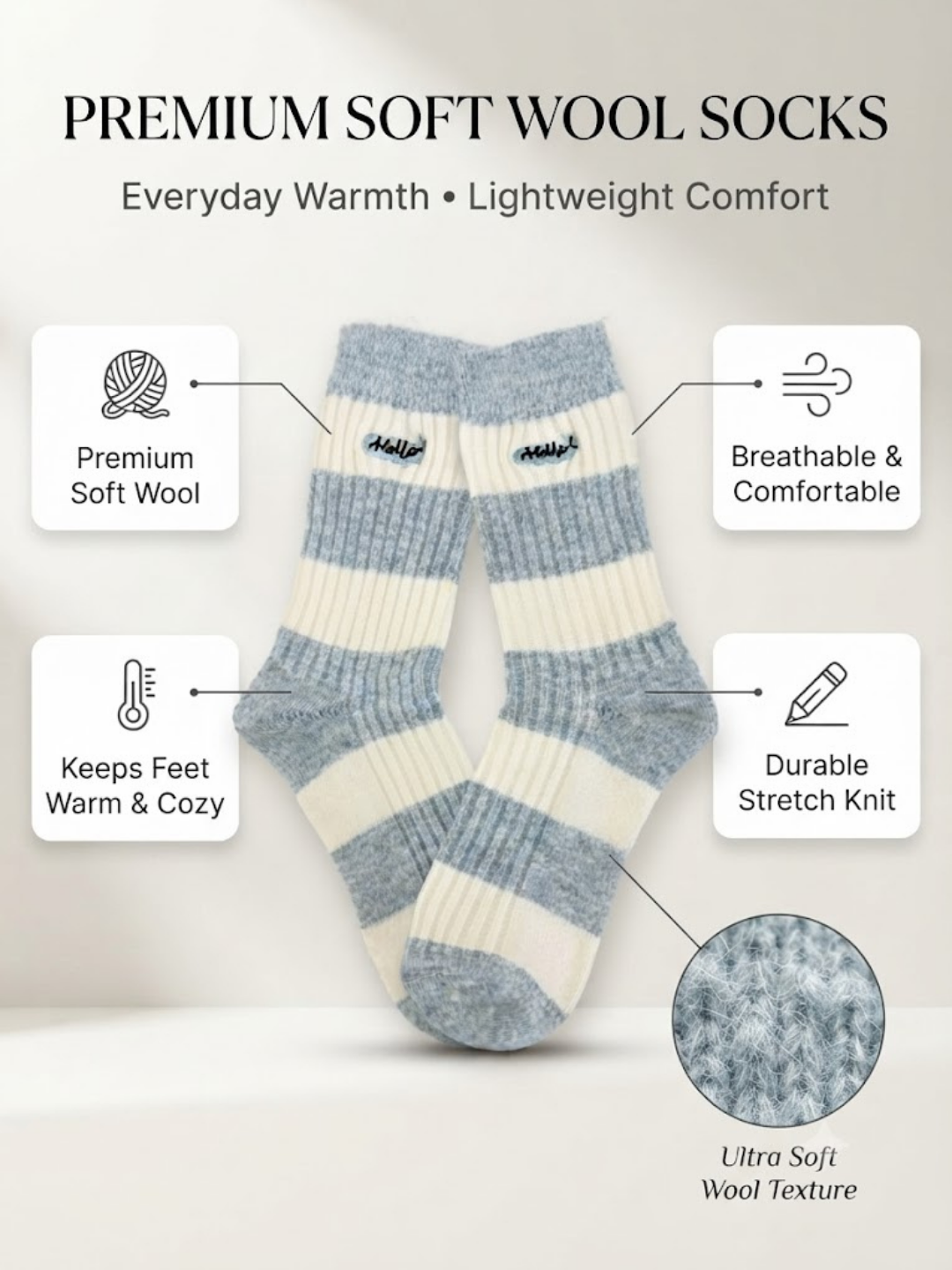 Cdeck Women’s Soft Wool Socks | Warm, Cozy & Stylish Blue & White Striped Socks