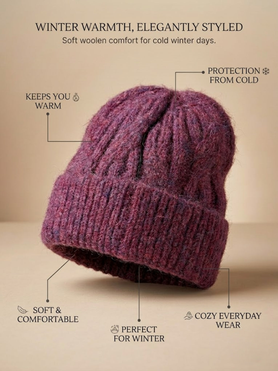 Cdeck Women Woolen Cap | Soft Knitted Winter Beanie for Women | Warm & Stylish Winter Wear | Free Size| Dusty Mauve