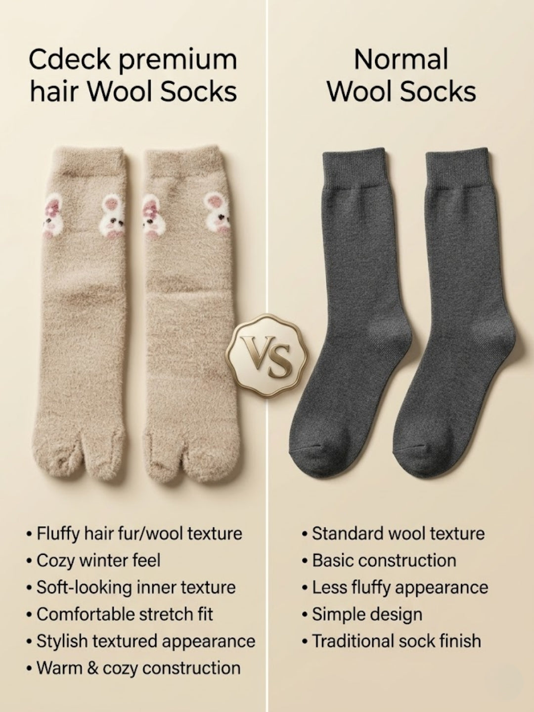 Cdeck Women’s Premium Fuzzy Split-Toe Socks – Cute Bunny Design, Warm Winter Socks |  Free Size |  Beige