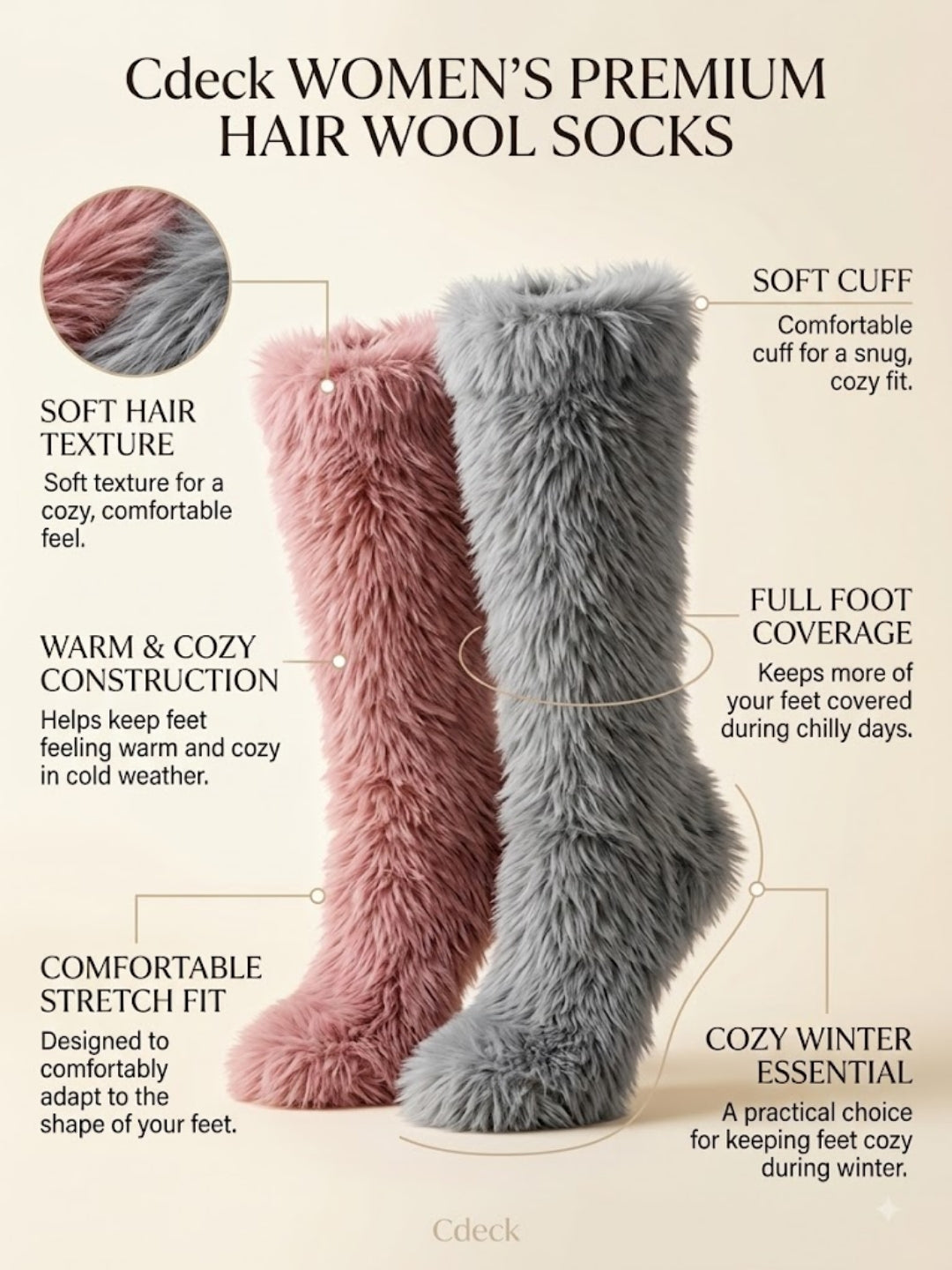 Cdeck Women’s Premium Hair Wool Fuzzy Socks Combo | Soft & Warm Thick Winter Socks | Pink & Grey