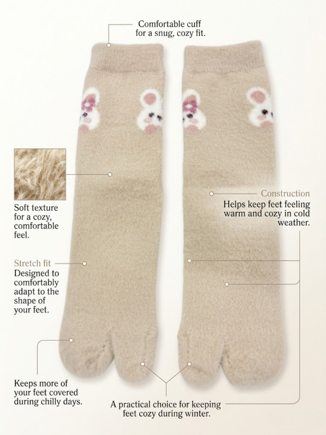 Cdeck Women’s Premium Fuzzy Split-Toe Socks – Cute Bunny Design, Warm Winter Socks |  Free Size |  Beige
