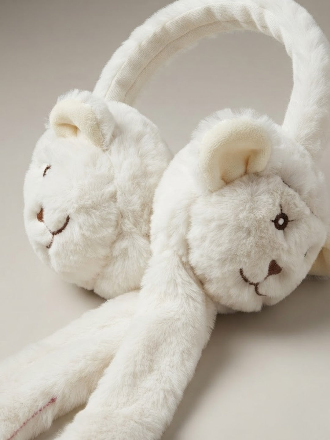 Cdeck Velvet White Bear Earmuffs for Girls & Women, Soft Warm Winter Earmuffs with Long Hanging Ear Covers, Free Size