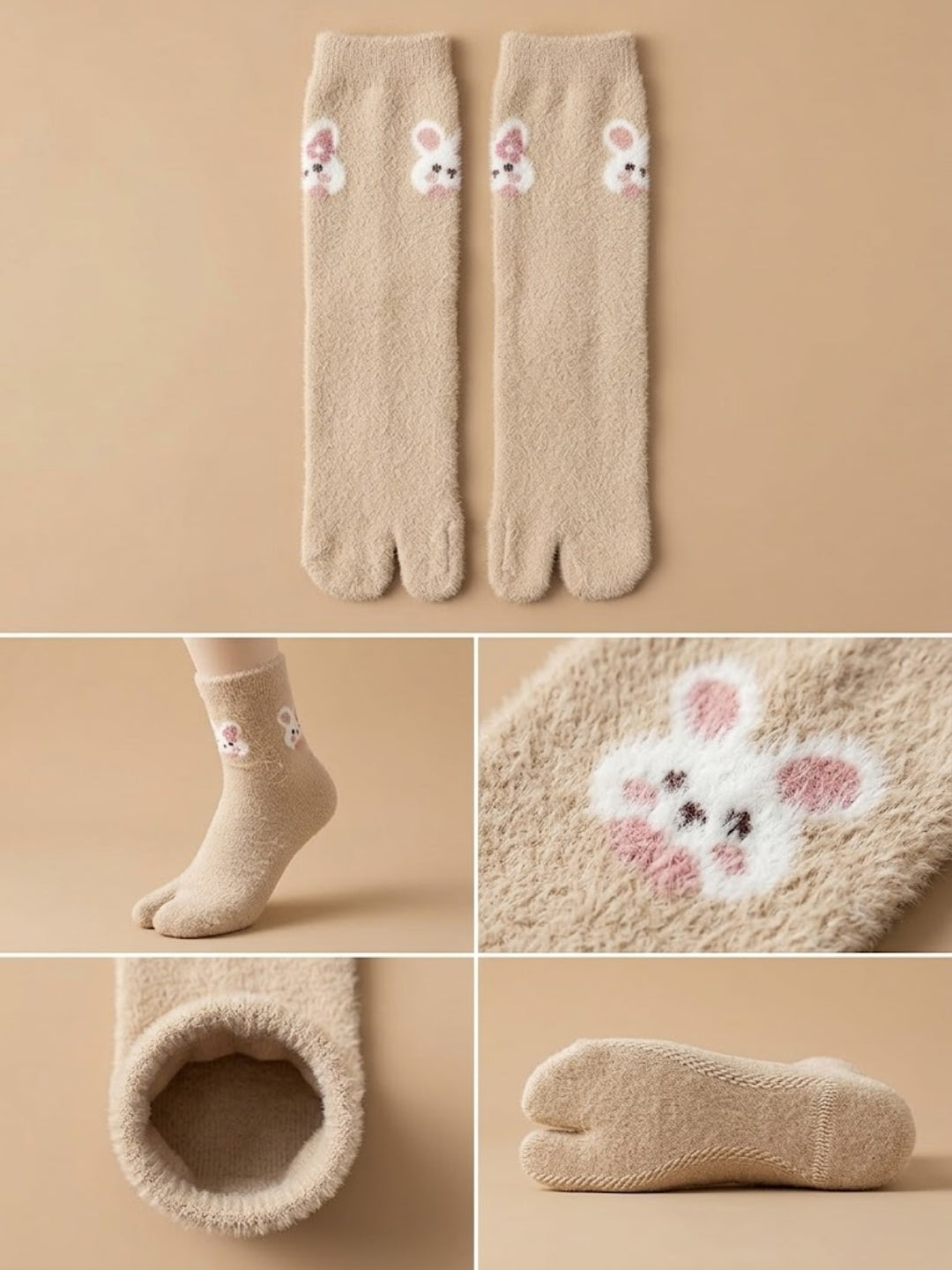 Cdeck Women’s Premium Fuzzy Split-Toe Socks – Cute Bunny Design, Warm Winter Socks |  Free Size |  Beige