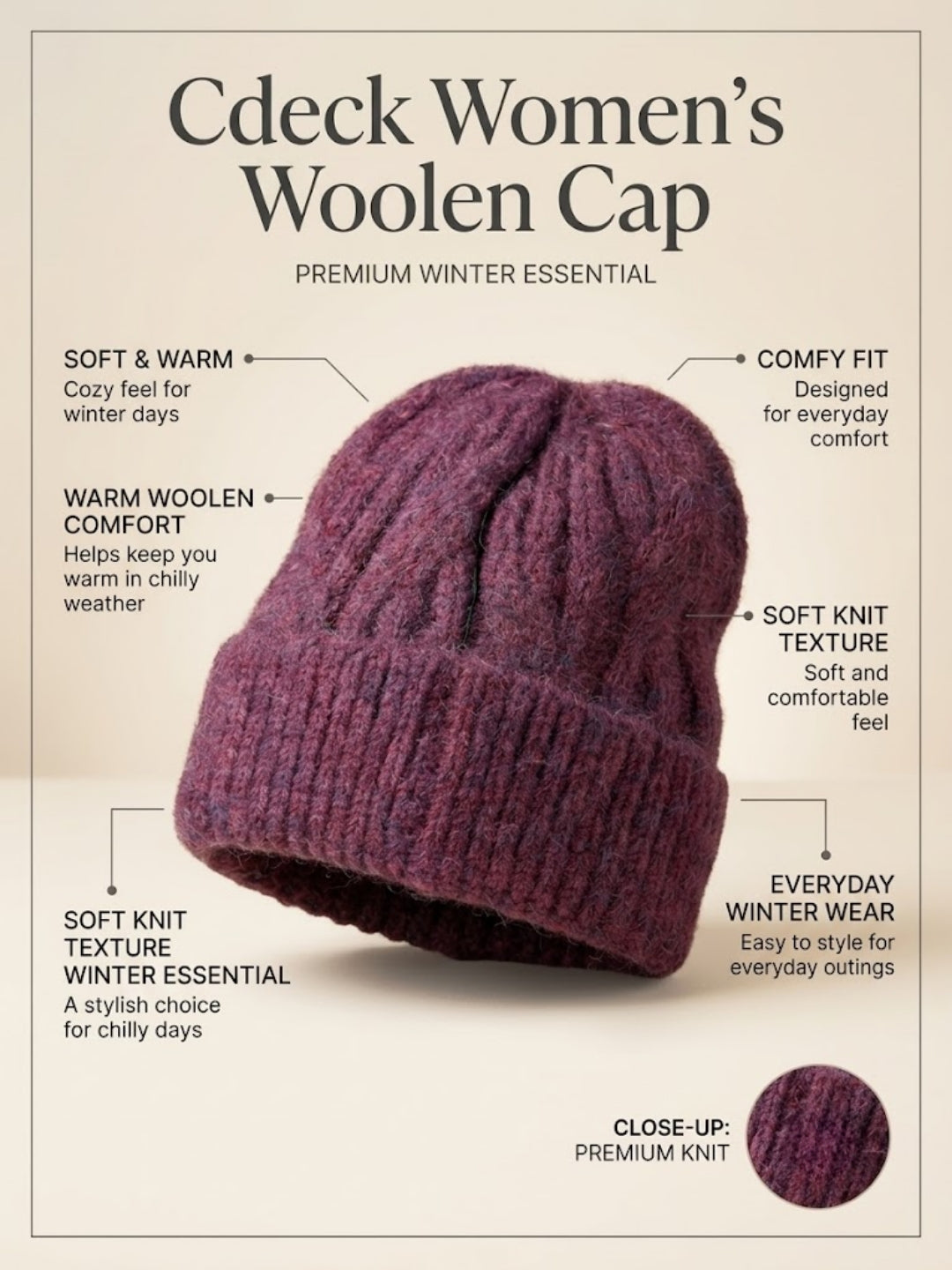 Cdeck Women Woolen Cap | Soft Knitted Winter Beanie for Women | Warm & Stylish Winter Wear | Free Size| Dusty Mauve