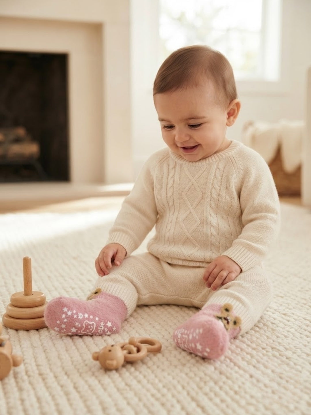 Cdeck Kids Winter Woolen Socks | Soft Fuzzy Rabbit Hair Wool Socks with Anti-Skid Sole | 0–4 Years | Pack of 3 | Multicolor