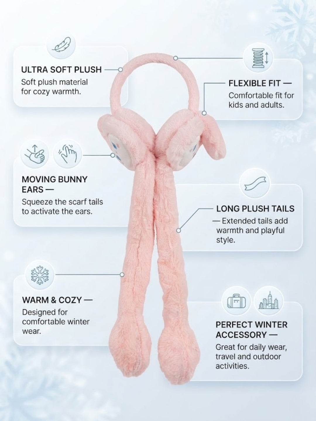 Cdeck Velvet Pink Bunny Earmuffs for Girls & Women, Soft Warm Winter Earmuffs with Long Hanging Ear Covers, Free Size