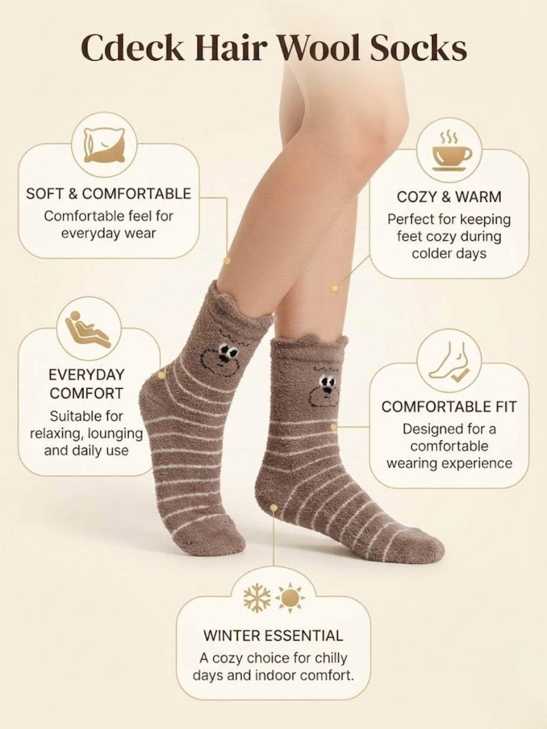 Cdeck Rabbit Hair Wool Socks for Women, Fuzzy Warm Winter Socks with Cute Animal Face