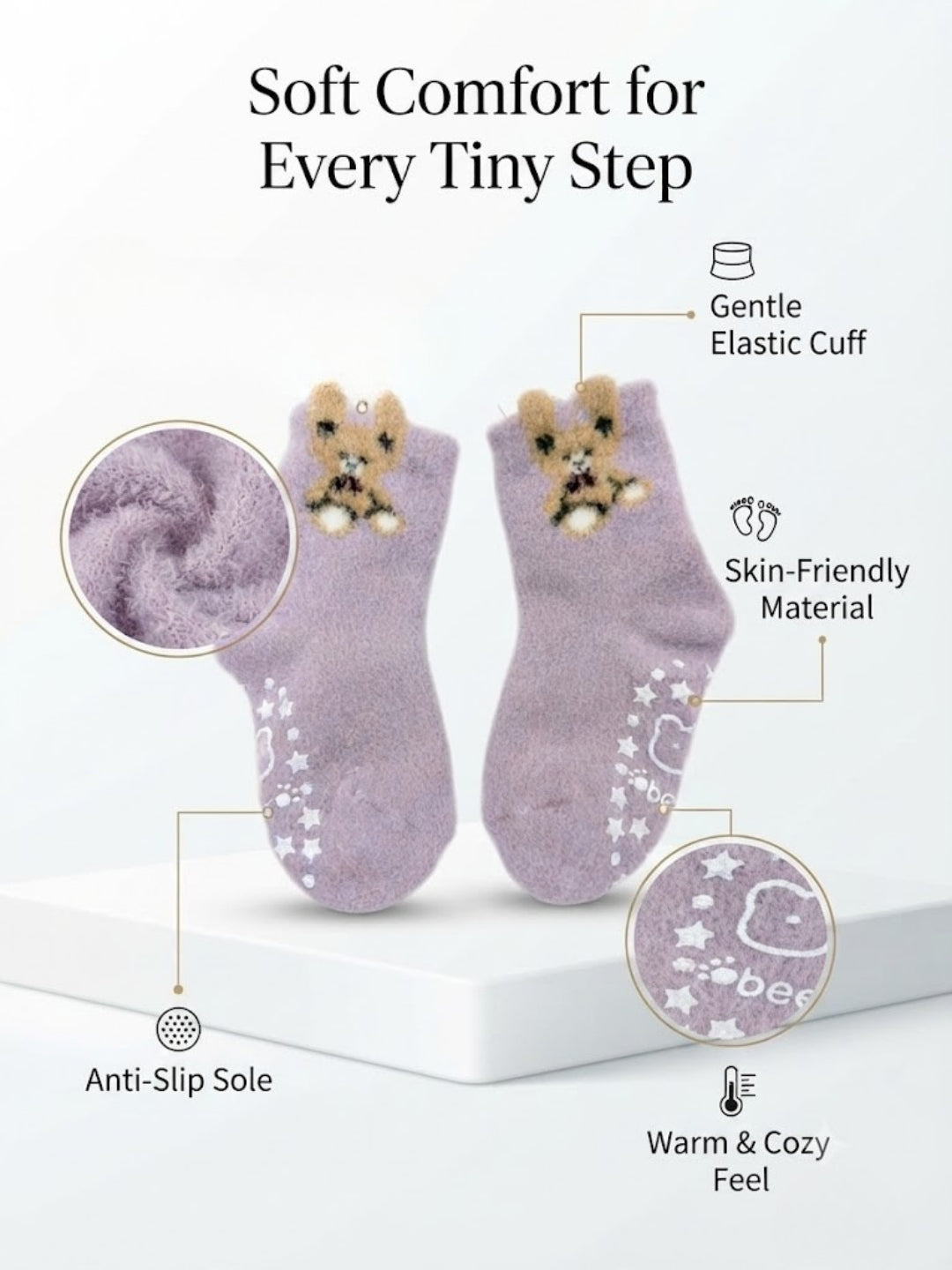 Cdeck Kids Winter Woolen Socks | Soft Fuzzy Rabbit Hair Wool Socks with Anti-Skid Sole | 0–4 Years | Pack of 3 | Multicolor