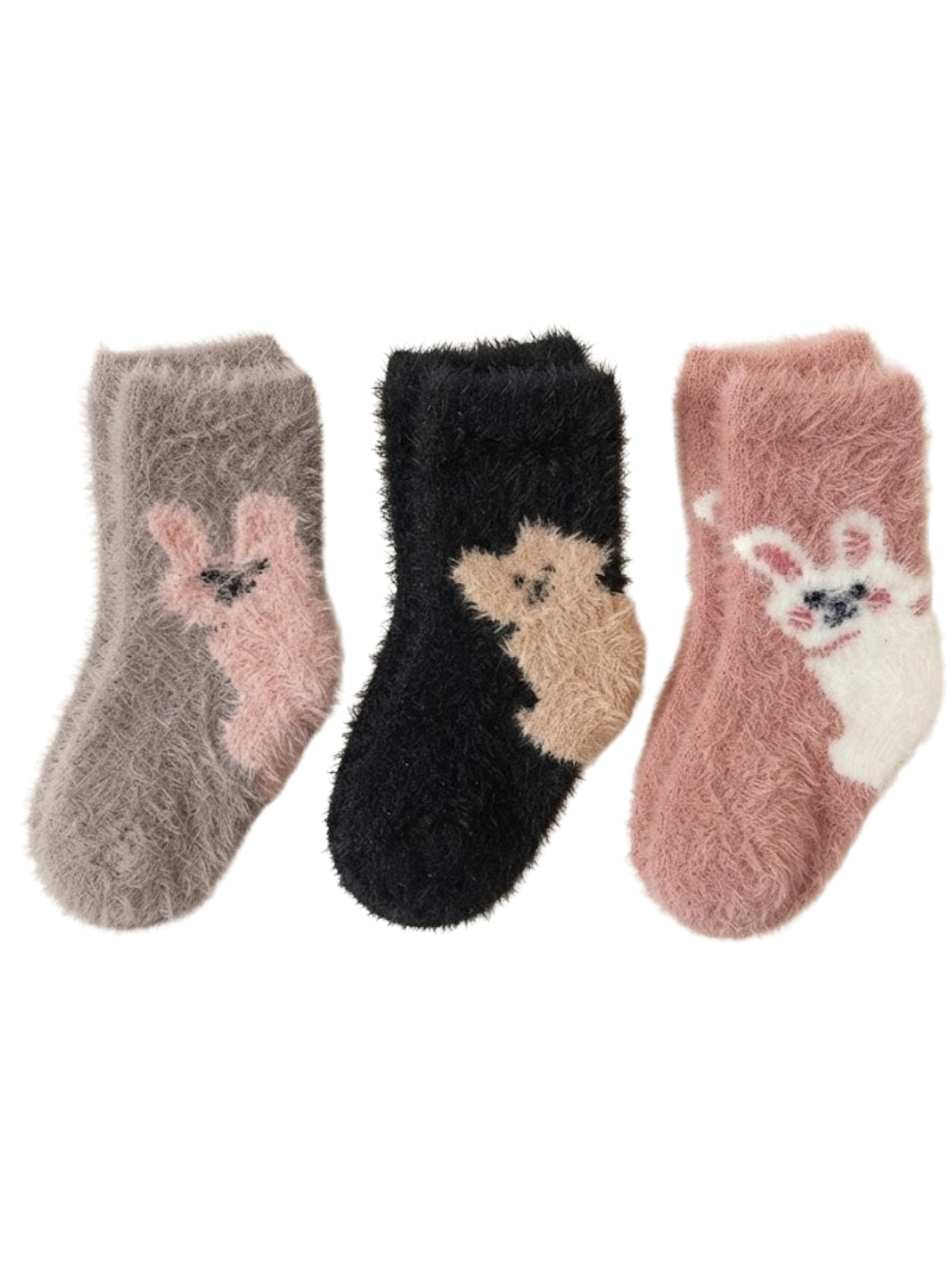 Cdeck Kids Winter Woolen Socks | Soft Fuzzy Rabbit Hair Wool Socks with Cute Animal Designs | 0–4 Years | Pack of 3 | Multicolor