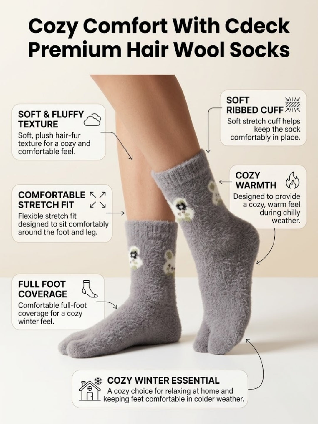Cdeck Women’s Premium Fuzzy Split-Toe Socks –| Cute Bunny Design, Warm Winter Socks | Free Size | Lavender