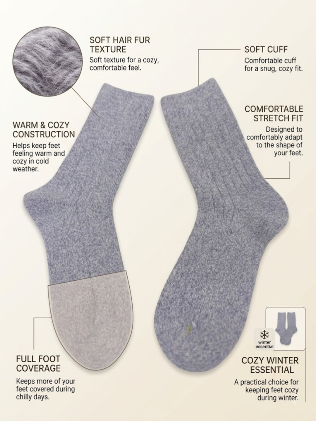 Cdeck Women’s Soft Ribbed Winter Socks  |  Cozy Warm Comfortable Crew Socks | Lavender Color | Free Size