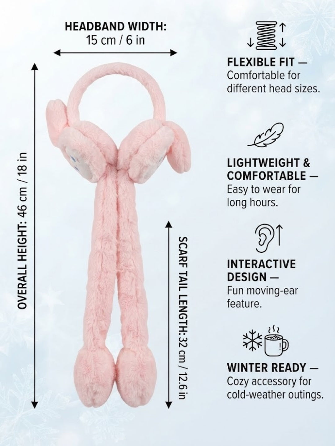 Cdeck Velvet Pink Bunny Earmuffs for Girls & Women, Soft Warm Winter Earmuffs with Long Hanging Ear Covers, Free Size