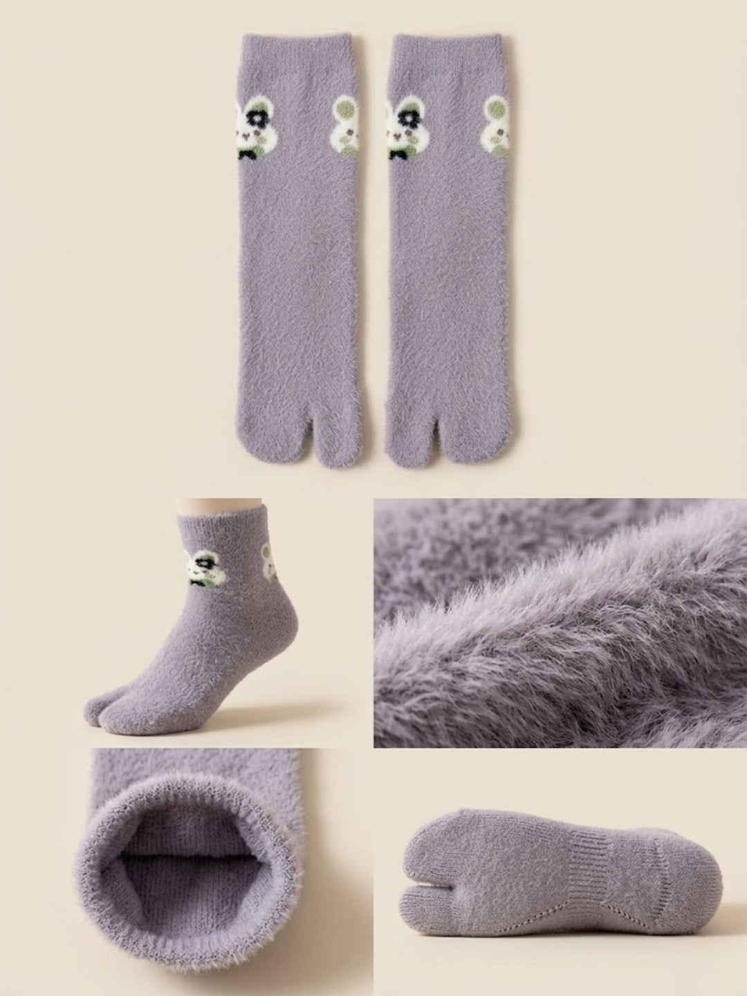 Cdeck Women’s Premium Fuzzy Split-Toe Socks –| Cute Bunny Design, Warm Winter Socks | Free Size | Lavender