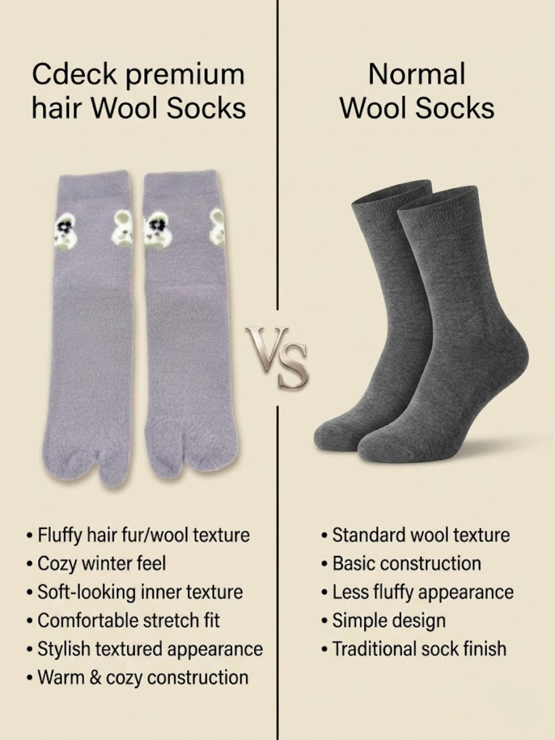 Cdeck Women’s Premium Fuzzy Split-Toe Socks –| Cute Bunny Design, Warm Winter Socks | Free Size | Lavender