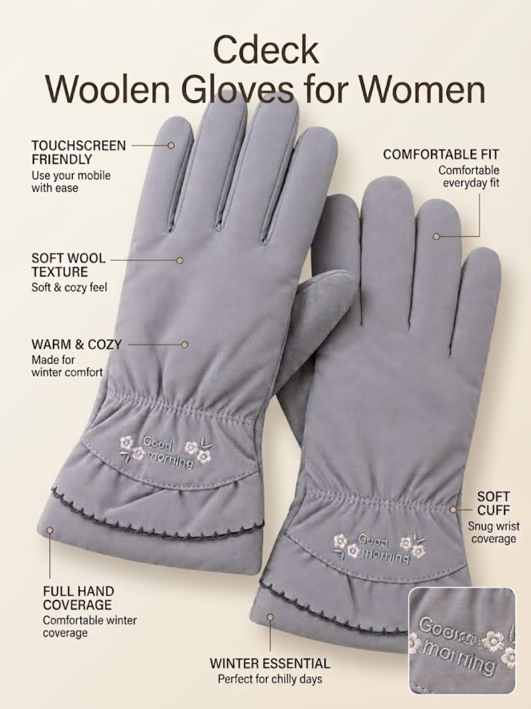 Cdeck Women’s Woolen Gloves | Warm Winter Gloves for Women | Touchscreen Friendly | Free Size | Grey