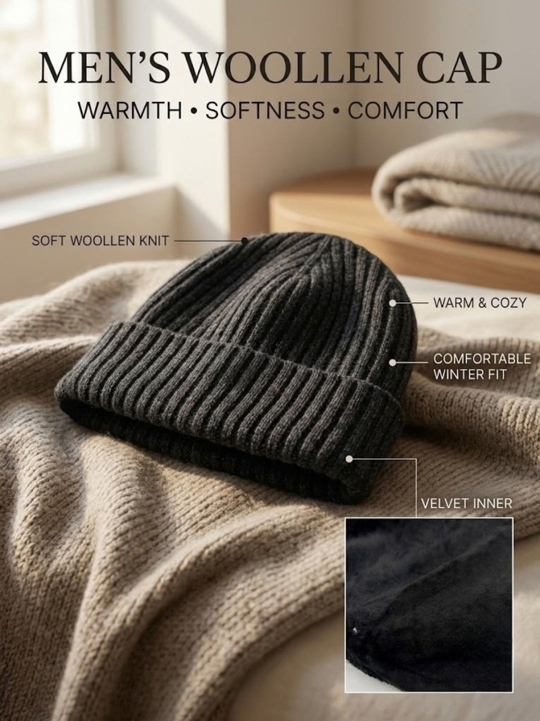 Cdeck Men’s Woolen Winter Cap | Soft, Warm & Comfortable Cap for Everyday Wear | Free Size | Black