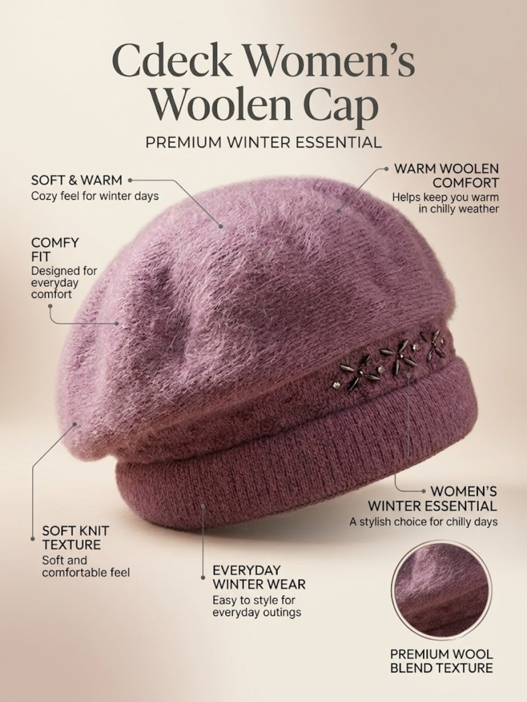 Cdeck Women Woolen Cap | Soft Knitted Winter Beanie for Women | Warm & Stylish Winter Wear | Free Size| Dusty Rose