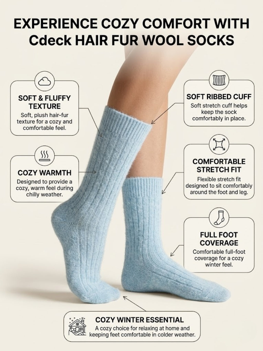 Cdeck Women’s Premium Fuzzy Socks – Soft Warm Winter Socks | Ribbed Design | Free Size | Light Blue