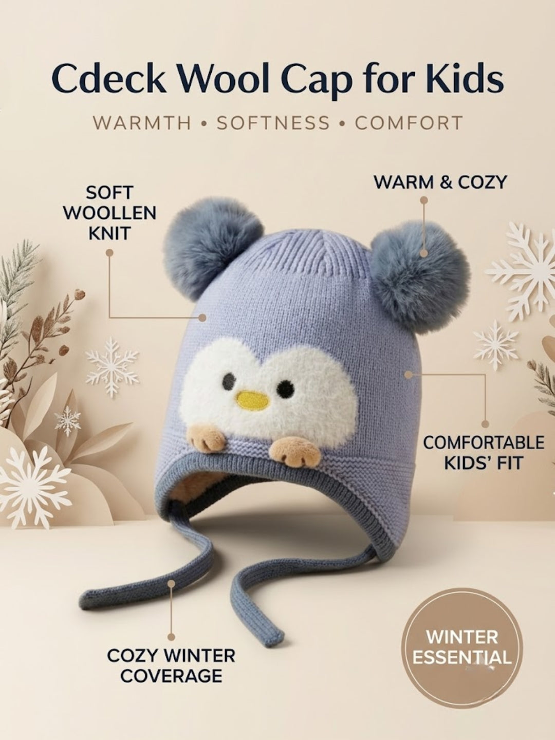 Cdeck Kids Woolen Winter Cap for Boys & Girls | Warm & Comfortable Winter Wear | 2–4 Years |  Blue