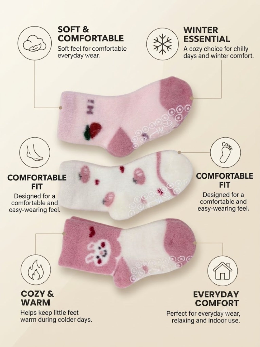Cdeck Kids Premium Hair Wool Socks | Soft & Warm Winter Socks for Boys & Girls | 3 Pack | 0–4 Years | Pink & White