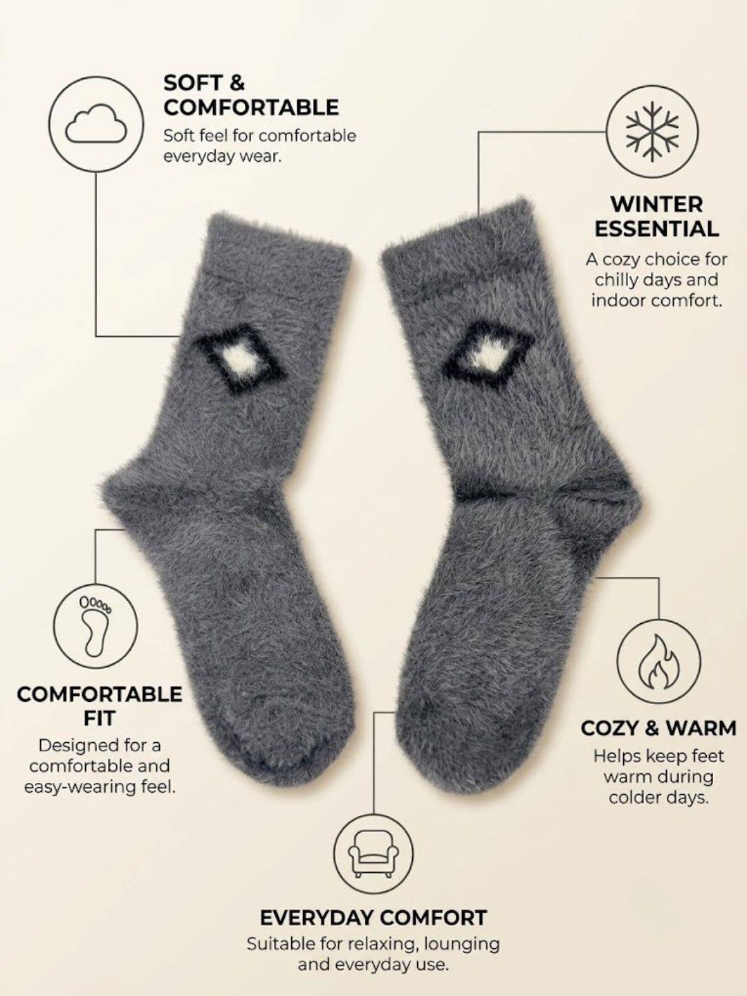 Cdeck Men’s Premium Hair Wool Winter Socks | Single Pair | Soft, Fuzzy, Warm & Comfortable Free Size | Dark Grey