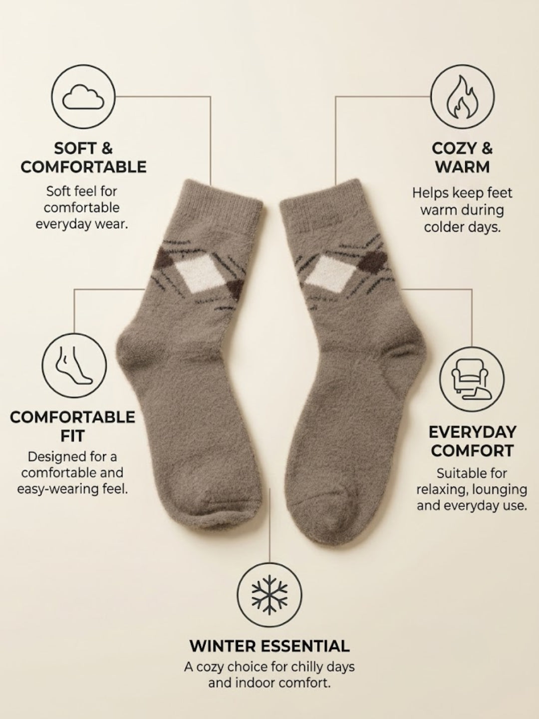 Cdeck Men’s Hair Wool Winter Socks | Soft, Warm & Comfortable | Brown Printed Design | Free Size