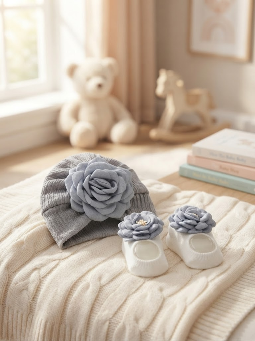 Cdeck Pure Cotton Socks and Cap Set for Baby | Soft Floral Design | Comfortable & Skin-Friendly