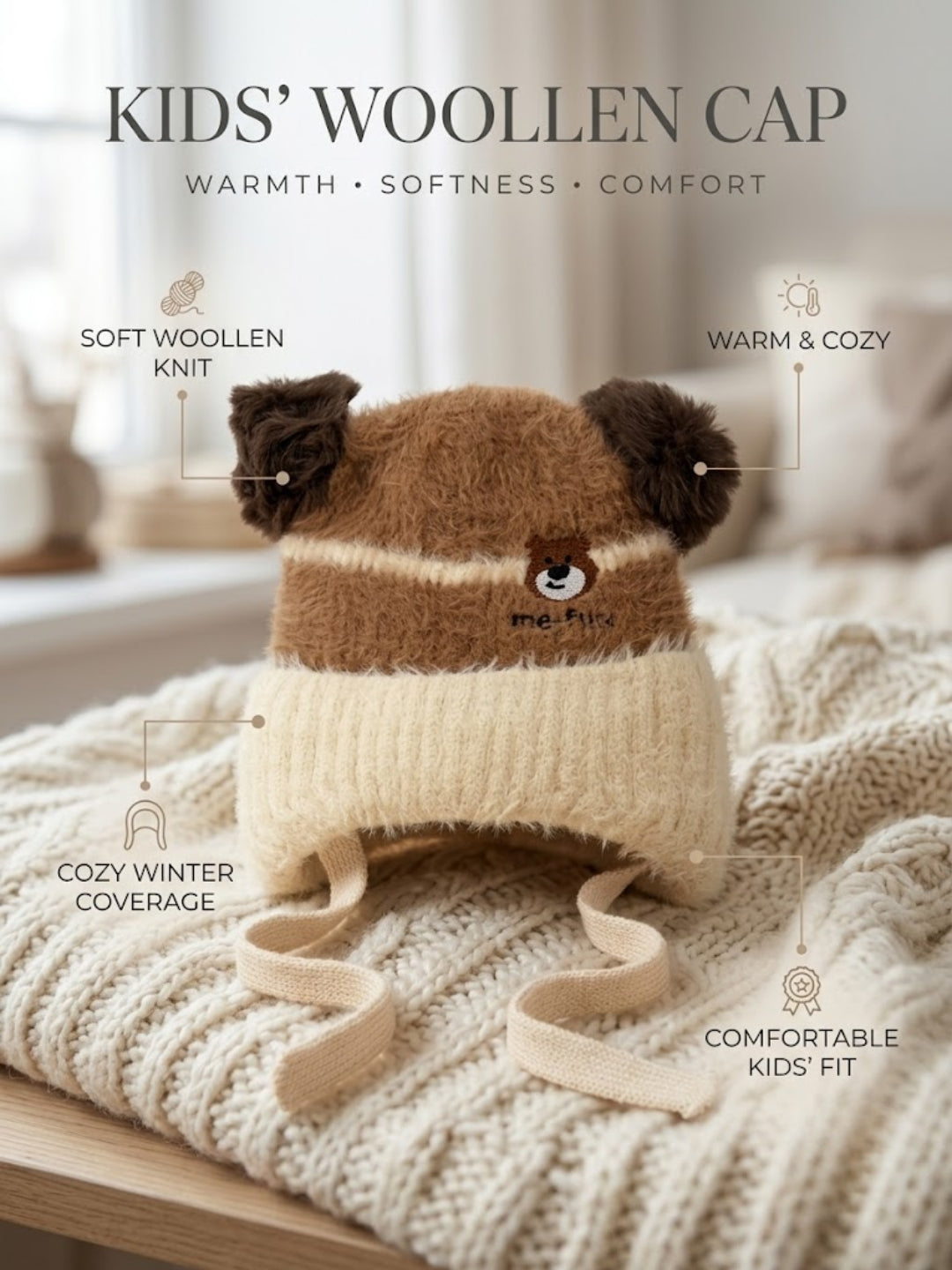 Cdeck Kids Woolen Winter Cap for Boys & Girls | Warm & Comfortable Winter Wear | 2–4 Years | Brown